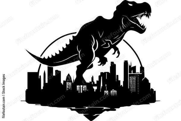 Giant Trex Walking Over A Skyscraper City Skyline