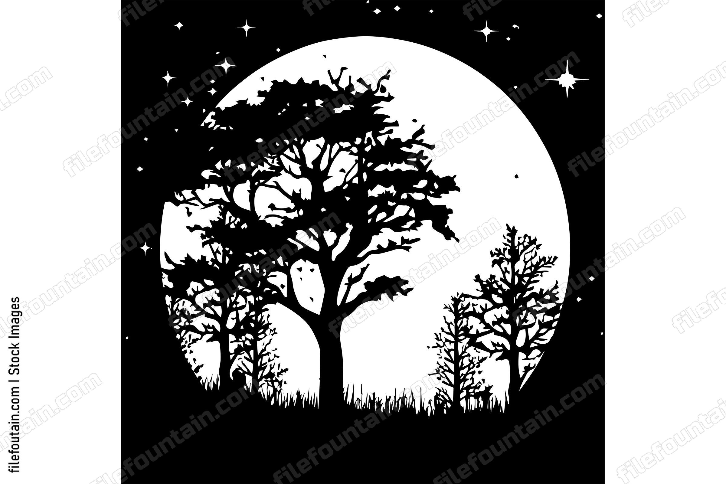 Forest Silhouette With Stars and Moon