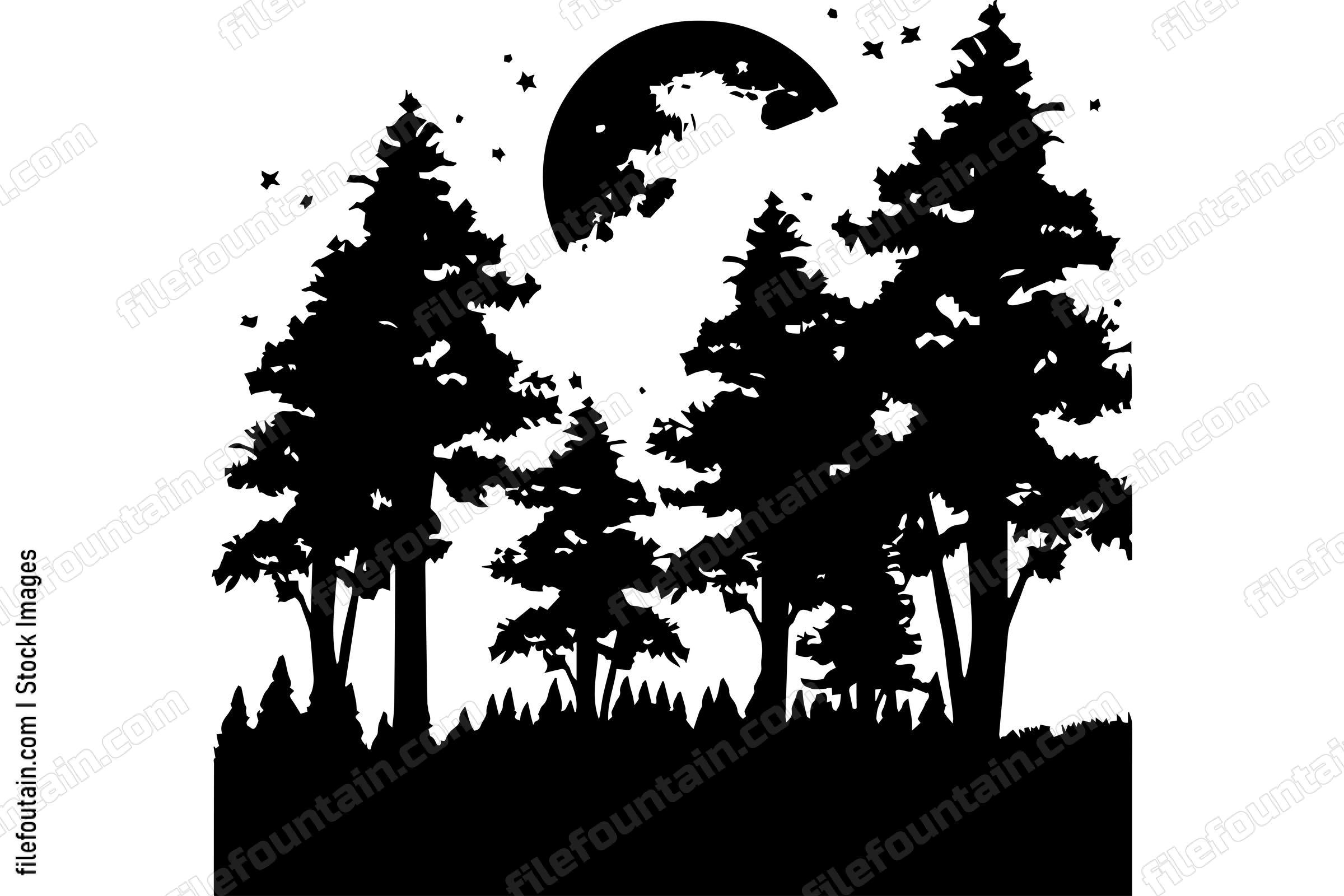 Forest Silhouette With Stars and Moon