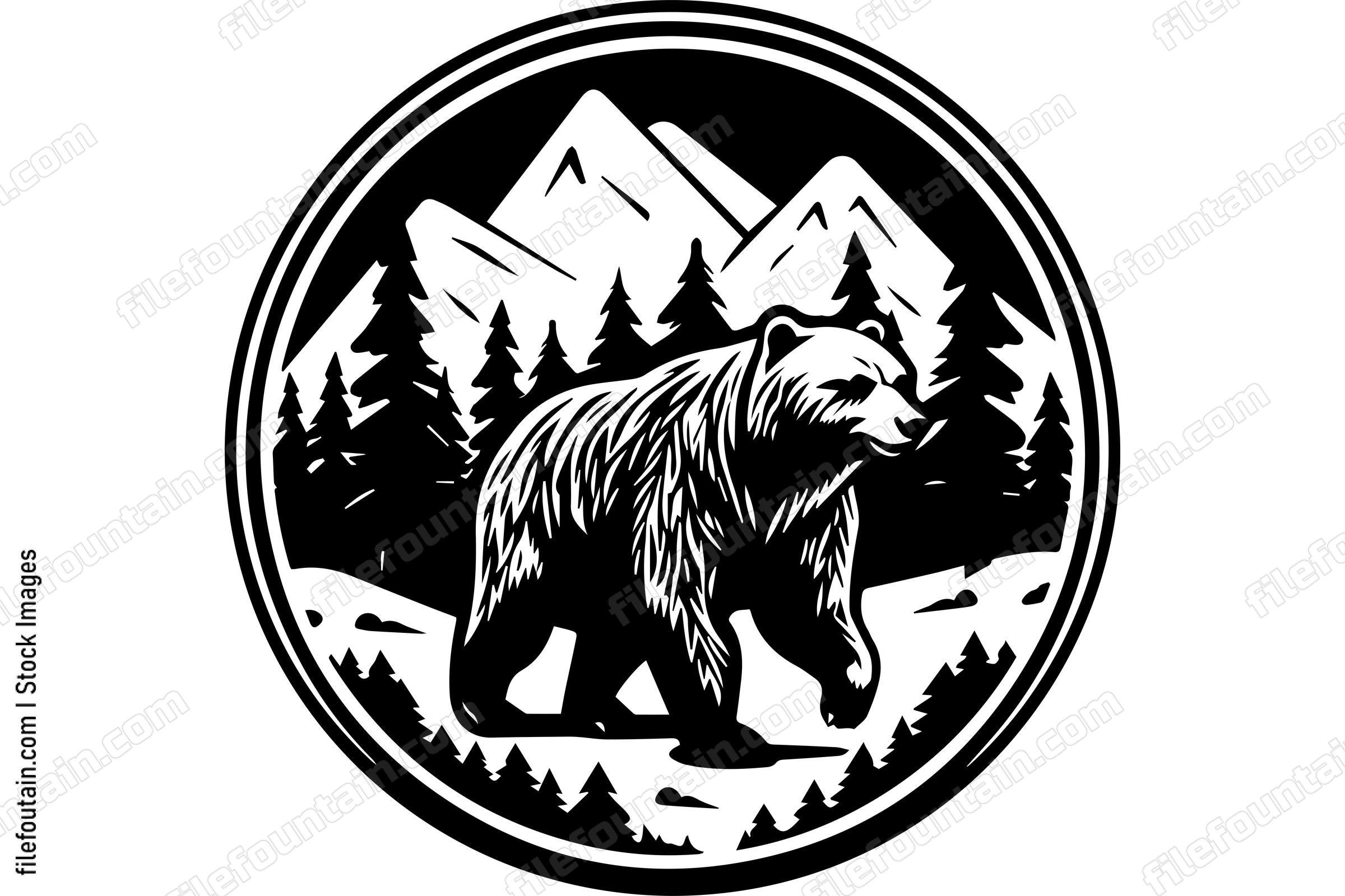 Bear Walking In A Forest With Mountain In The Background