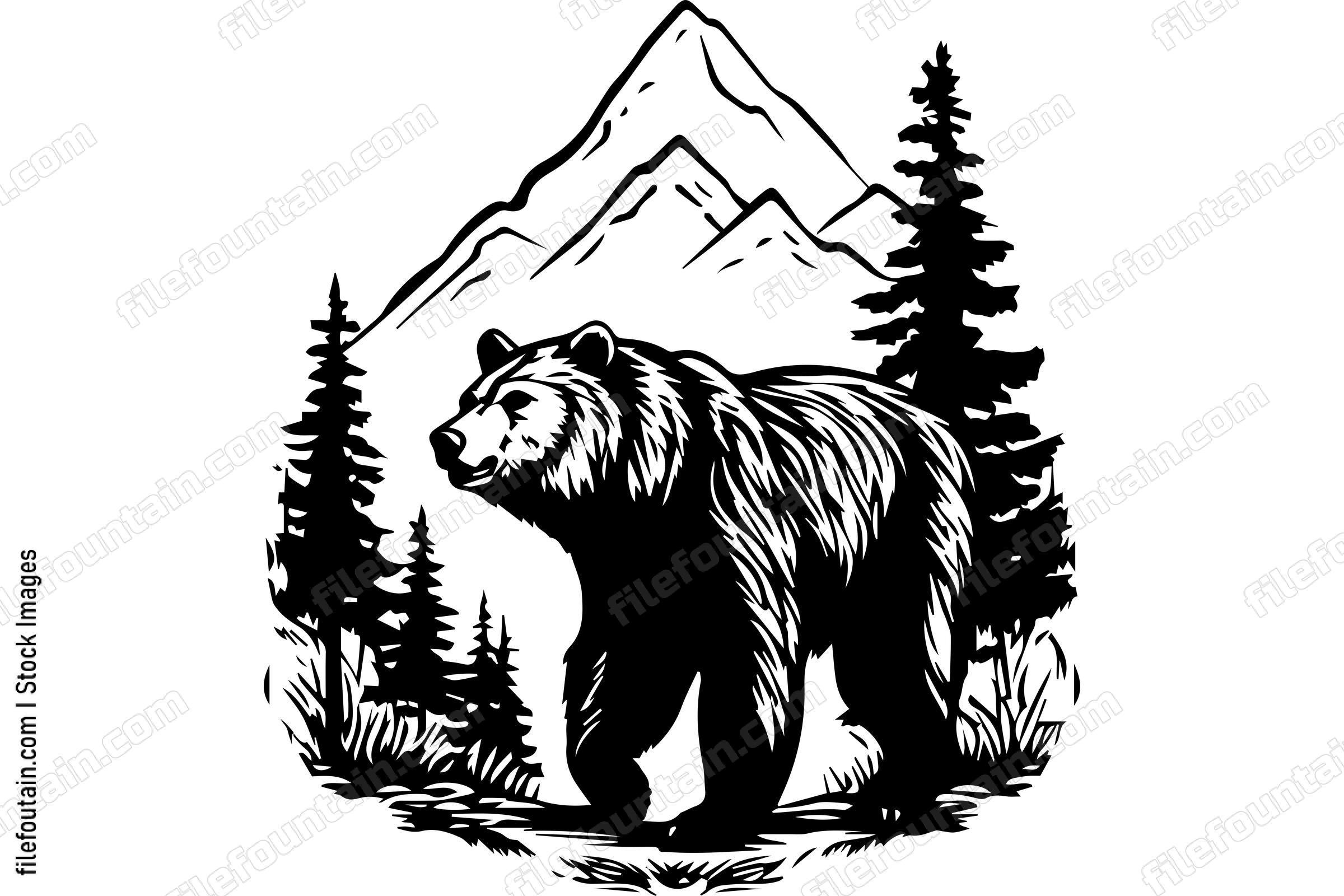 Bear Walking In A Forest With Mountain In The Background