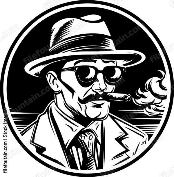Detective With Mustache And Hat Smoking A Cigar