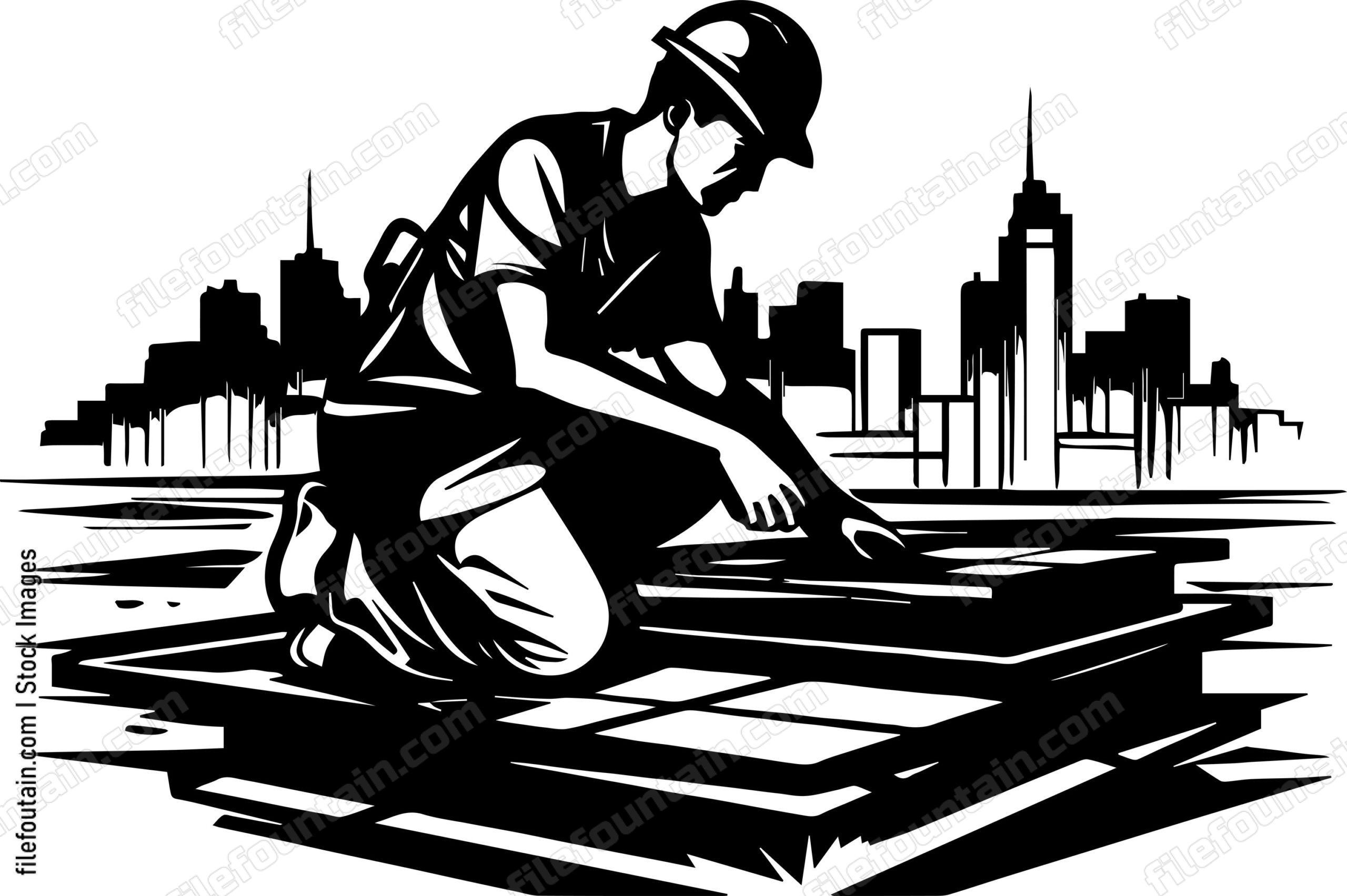 Construction Worker On Roof of A Building With City Skyscraper Skyline In The Background
