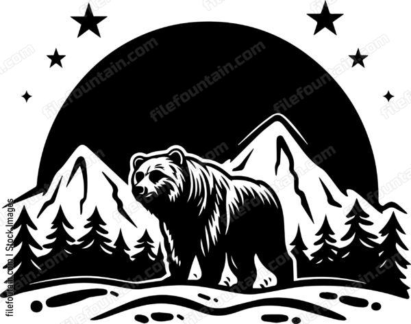 Wild Grizzly Bear Mountain Forest and Stars