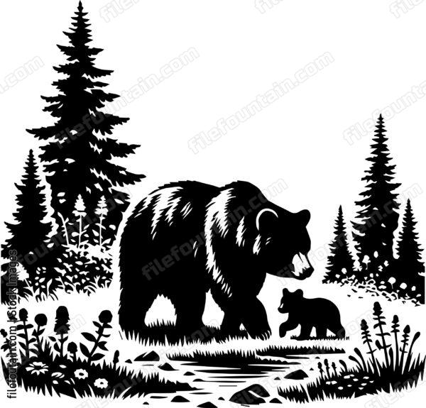 Bear and Cub Exploring a Meadow