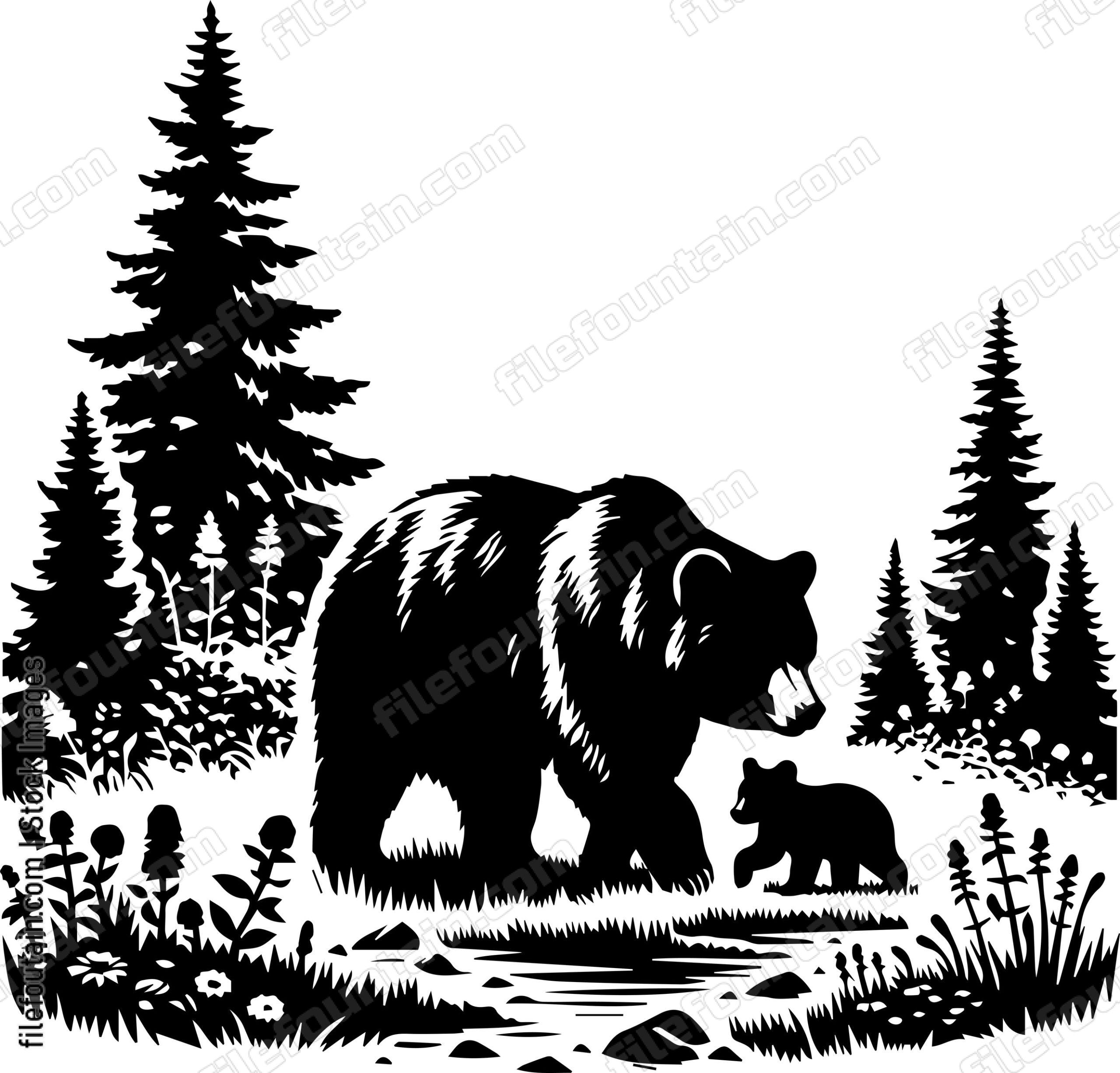 Bear and Cub Exploring a Meadow