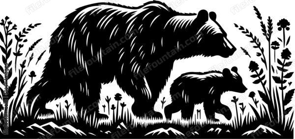Bear and Cub Exploring a Meadow