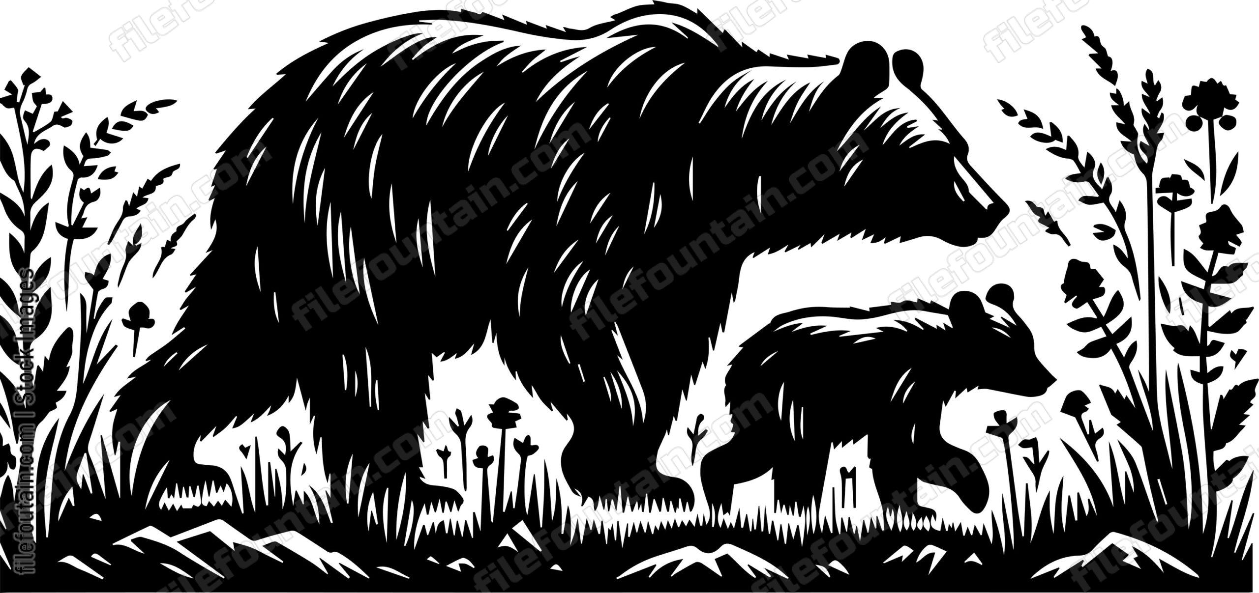 Bear and Cub Exploring a Meadow