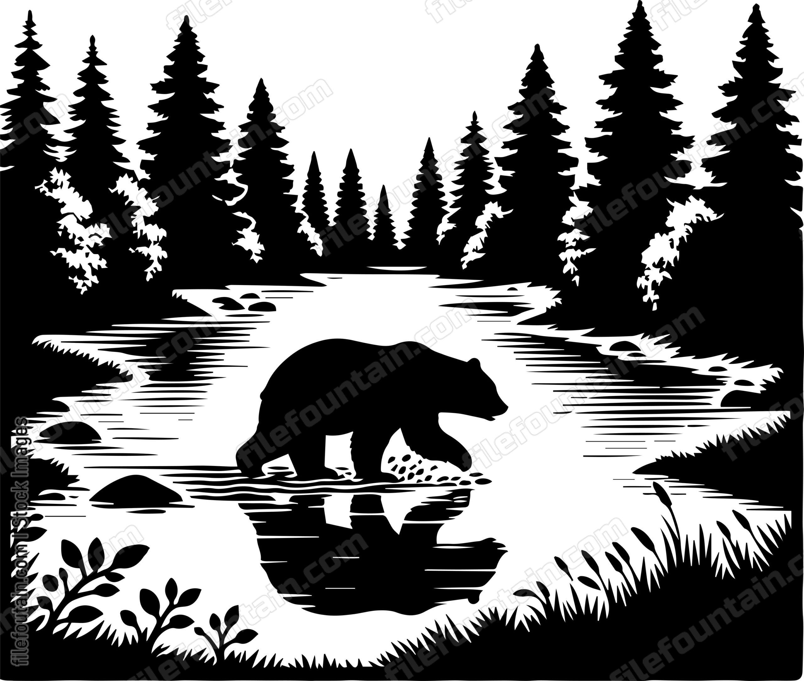 Bear Crossing a Forest Stream