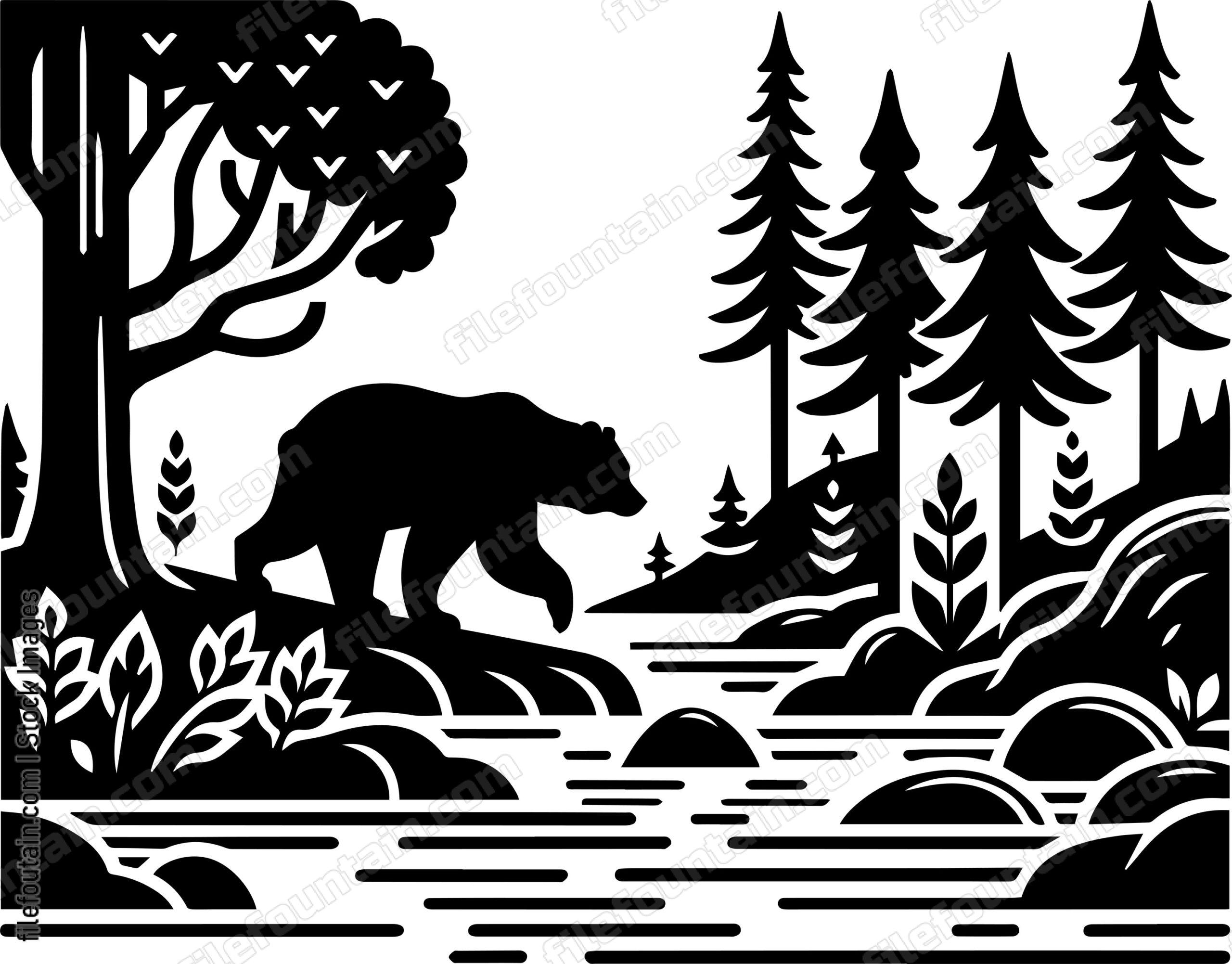 Bear Crossing a Forest Stream