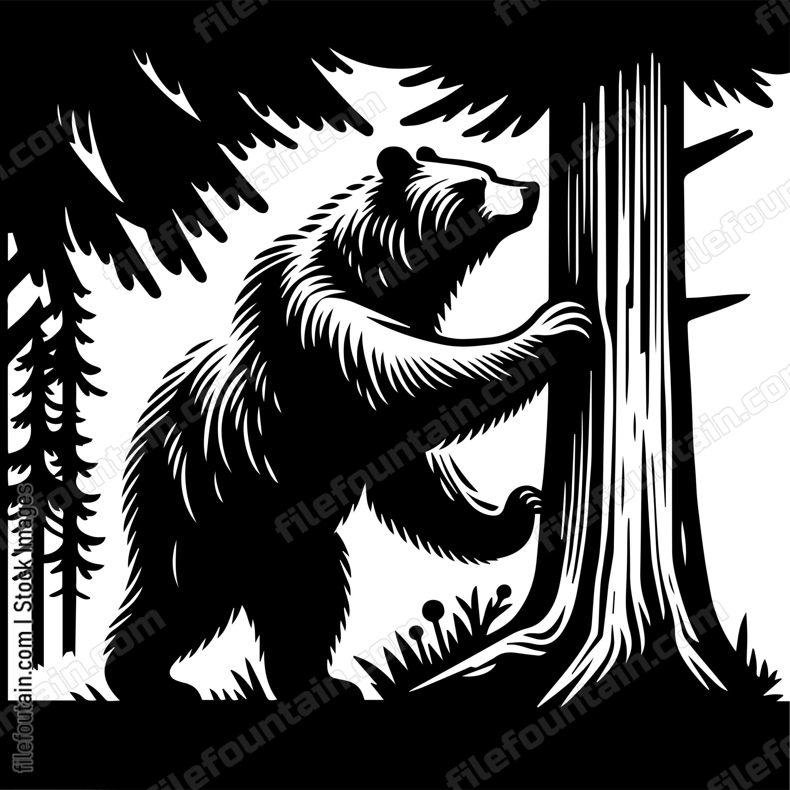 Bear Scratching Its Fur Against Forest Bark