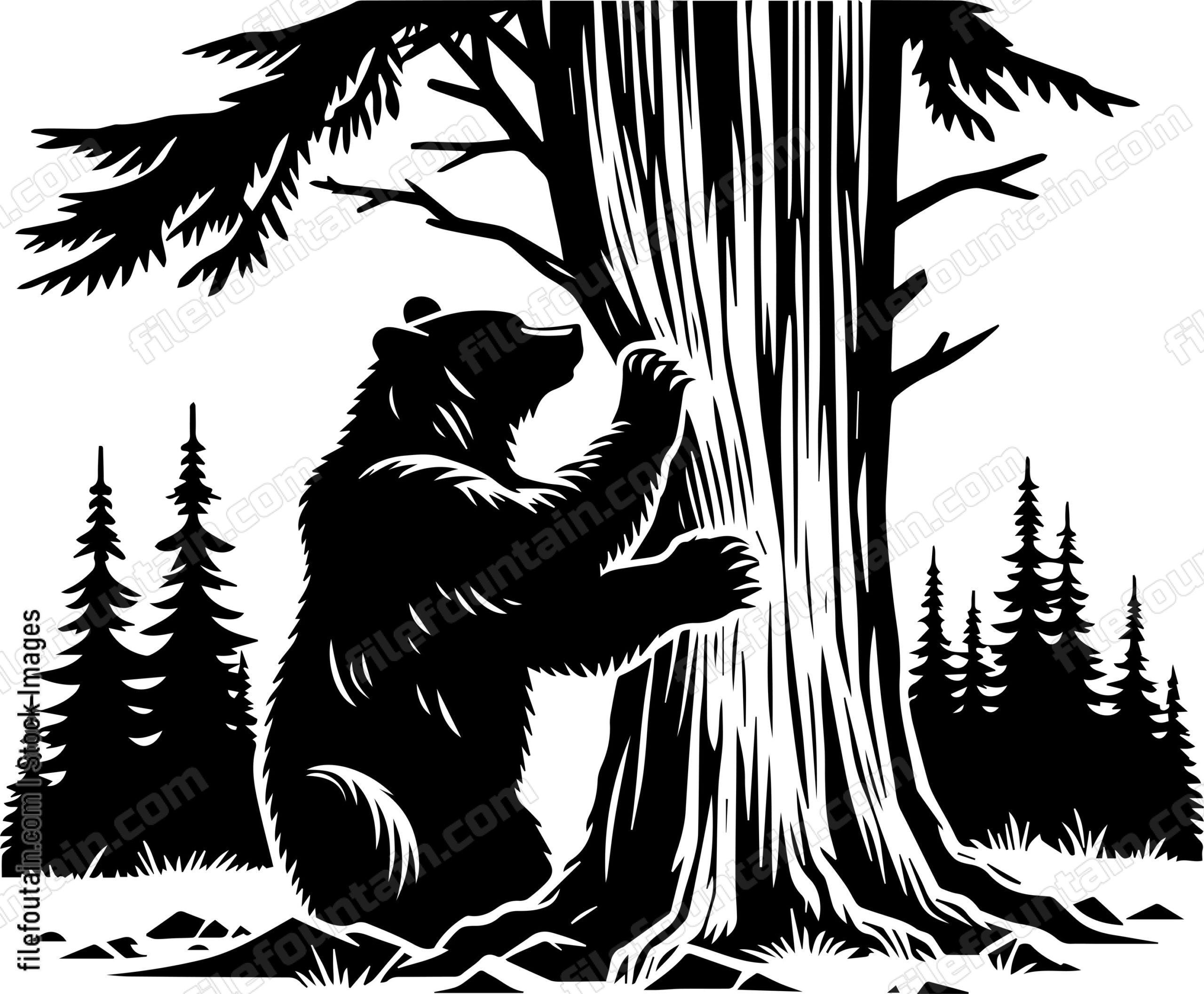 Bear Scratching Its Fur Against Forest Bark