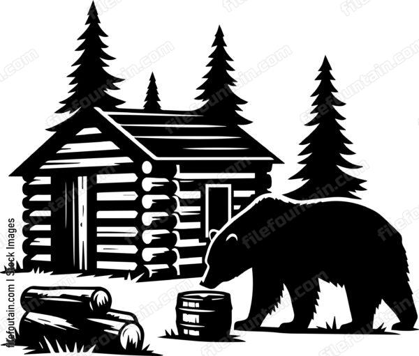 Bear Sniffing Around an Old Trappers Cabin