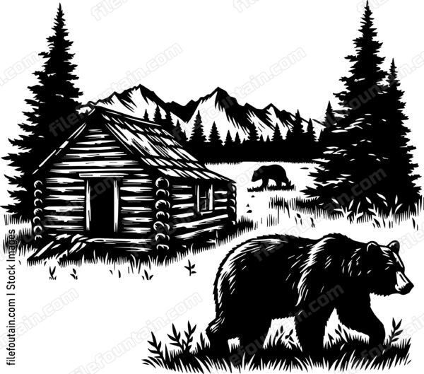 Bear Sniffing Around an Old Trappers Cabin