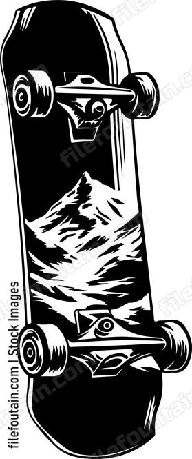 A skateboard with a mountain scene