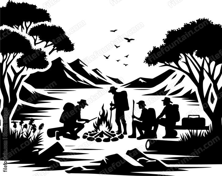 Adventurous souls setting up a lakeside campfire casting a warm glow