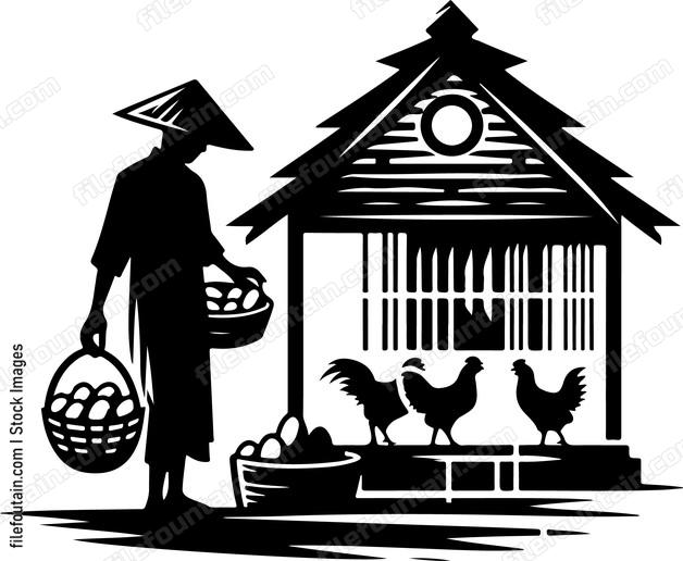 Asian Farmer collecting fresh eggs from a chicken coop