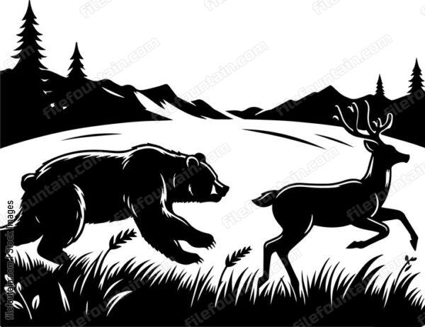 Bear chasing after a fleeing deer in the wilderness