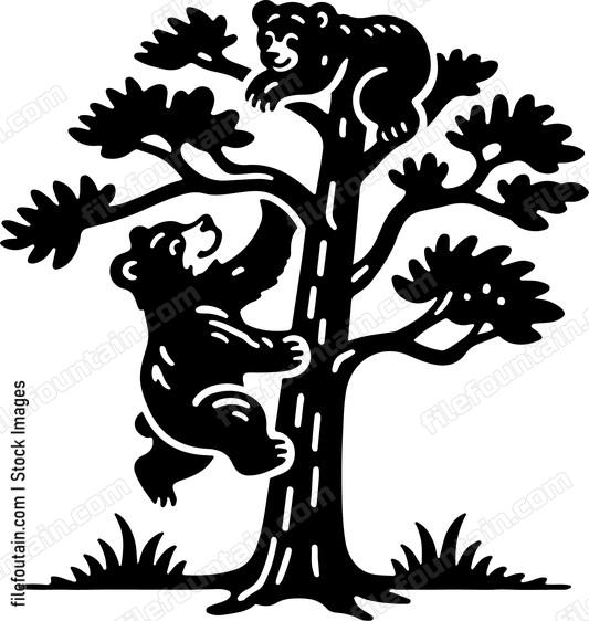 Bear cub playfully climbing a tree