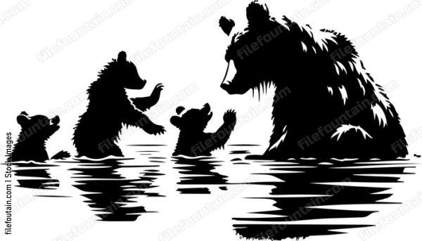Bear cubs eagerly learning to swim from their mother