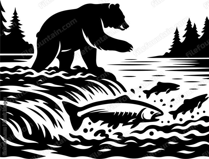 Bear fishing for salmon in a rushing stream