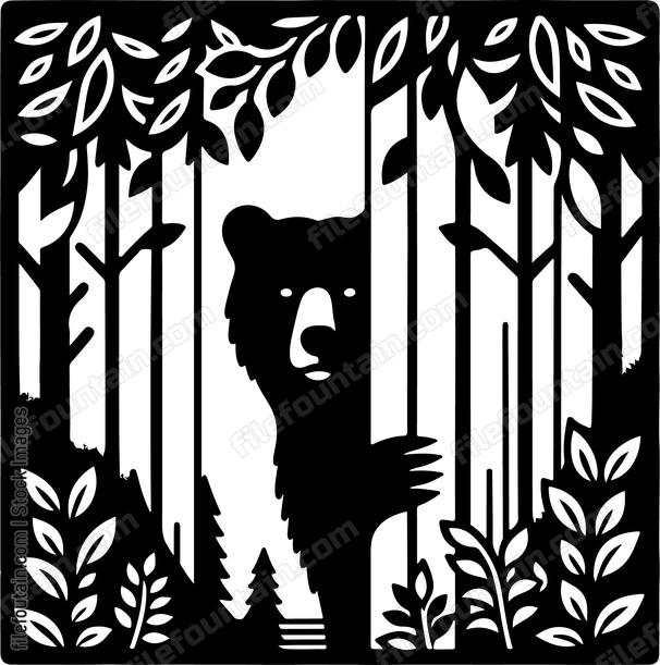 Bear peeking out from behind a forest tree