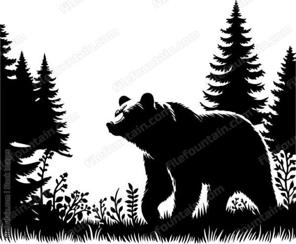 Bear prowling through a misty forest at dawn