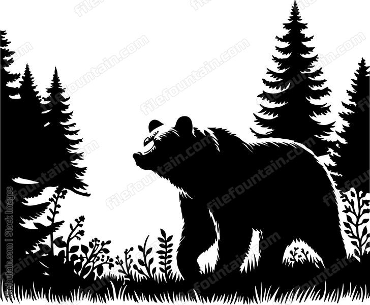 Bear prowling through a misty forest at dawn