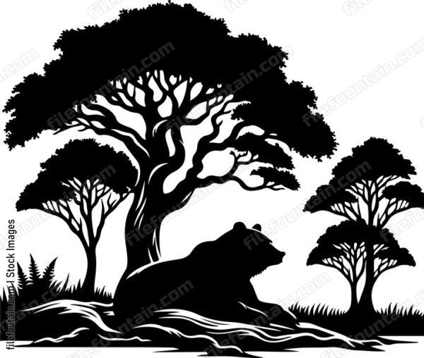 Bear resting under a canopy of lush green trees