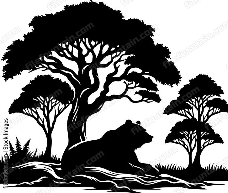 Bear resting under a canopy of lush green trees