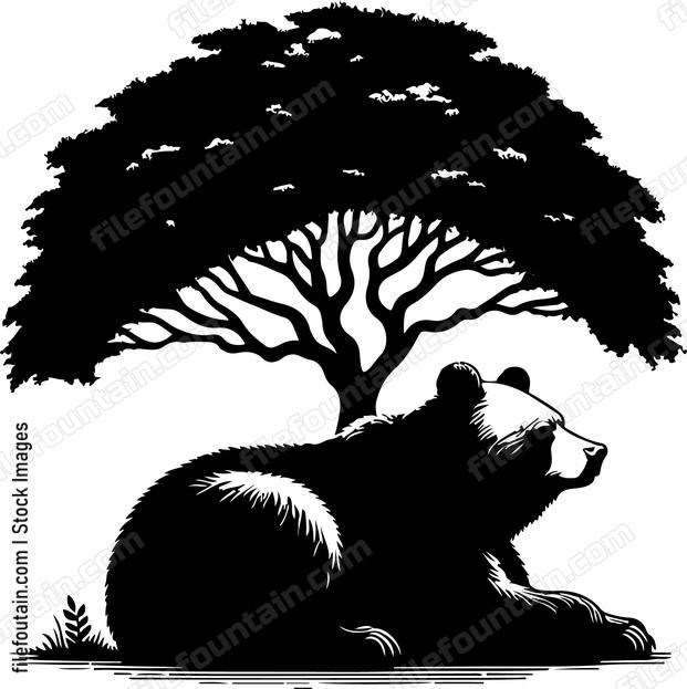 Bear resting under a canopy of lush green trees