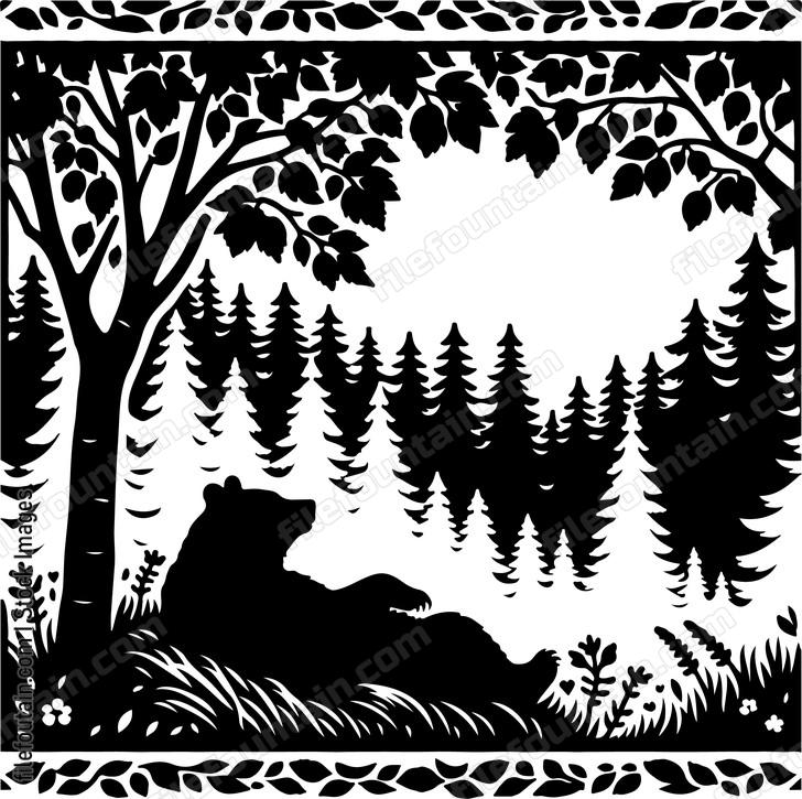 Bear resting under a canopy of lush green trees