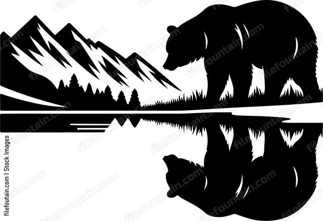 Bears silhouette reflected in a calm mountain lake