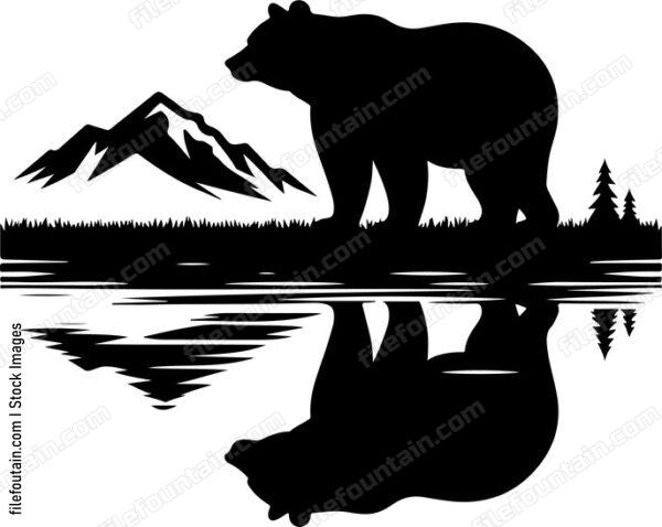 Bears silhouette reflected in a calm mountain lake