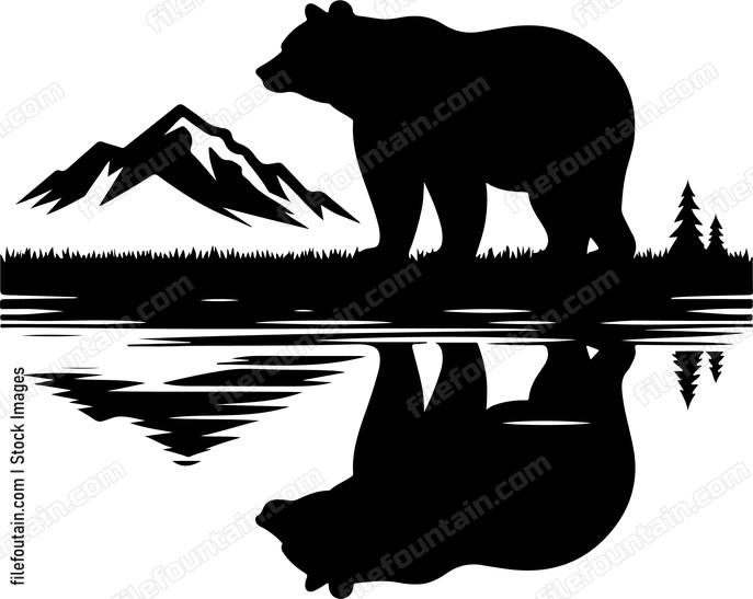 Bears silhouette reflected in a calm mountain lake