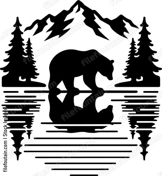 Bears silhouette reflected in a calm mountain lake