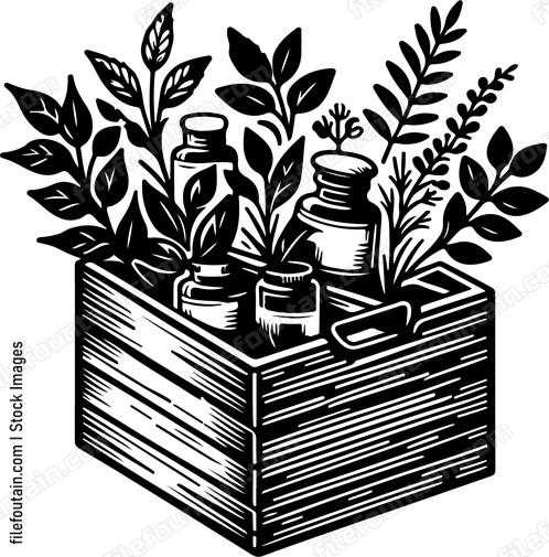 Box of organic herbs and herbal remedies