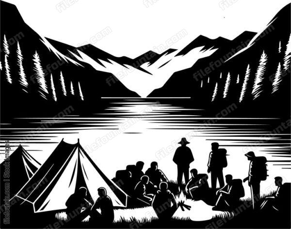Campers setting up tents beside the lake and mountains