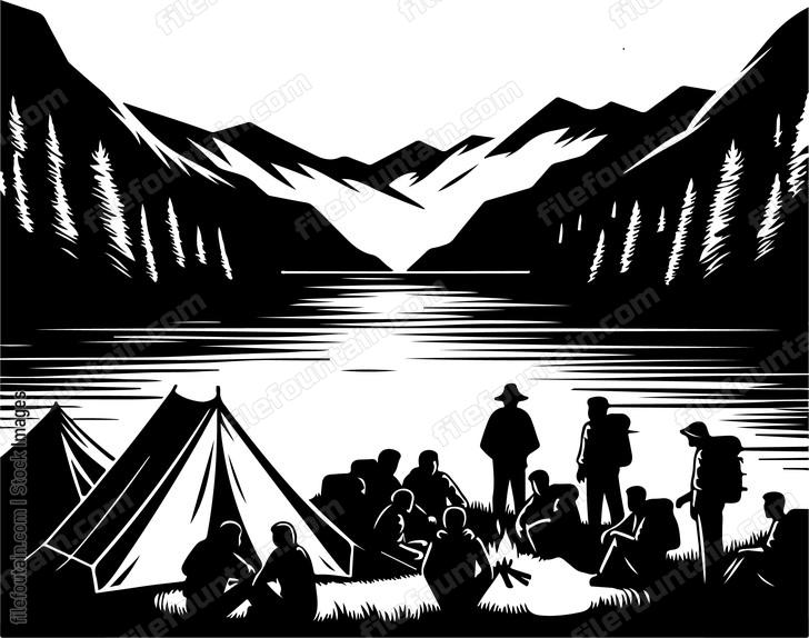 Campers setting up tents beside the lake and mountains