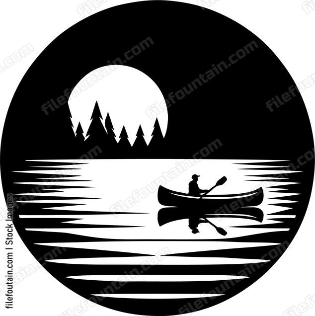 Canoe gliding silently on the calm waters of the lake at night
