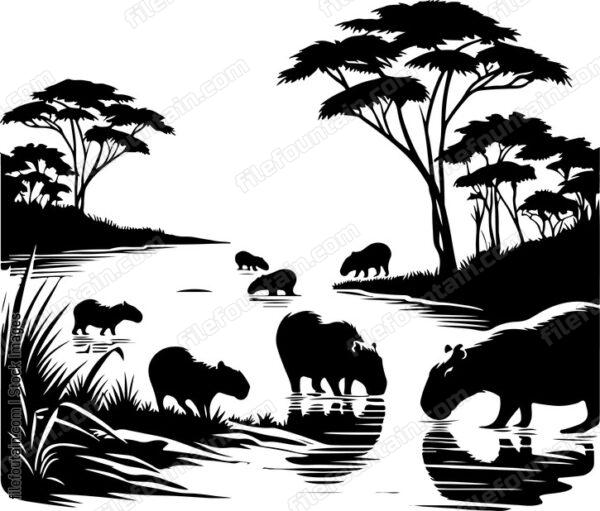 Capybara family grazing along the banks of a tranquil Amazonian river