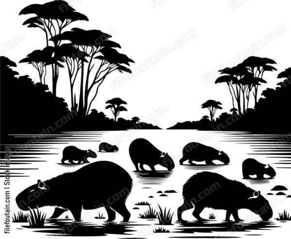 Capybara family grazing along the banks of a tranquil Amazonian river