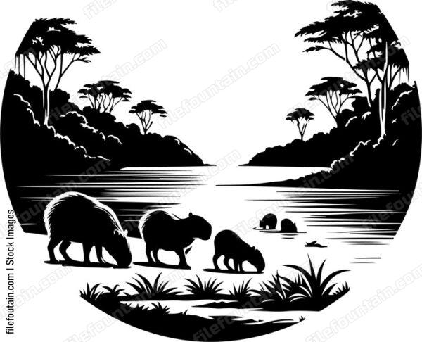 Capybara family grazing along the banks of a tranquil Amazonian river