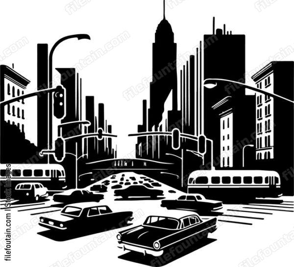 Cars crossing a bustling city intersection