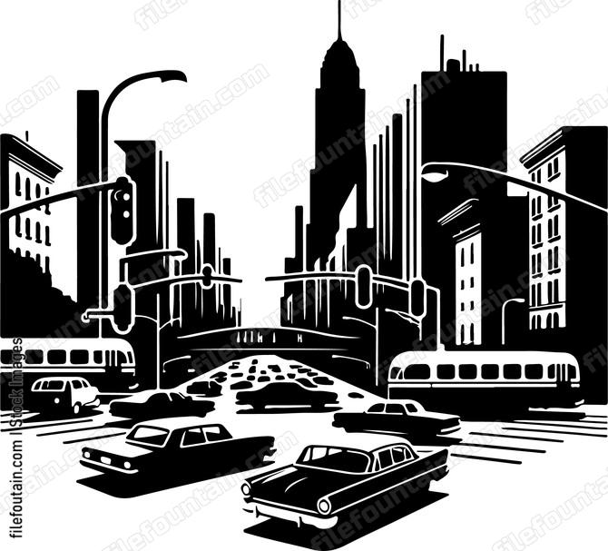 Cars crossing a bustling city intersection