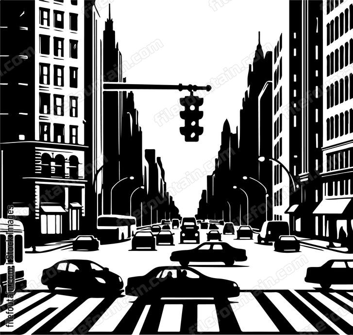 Cars crossing a bustling city intersection