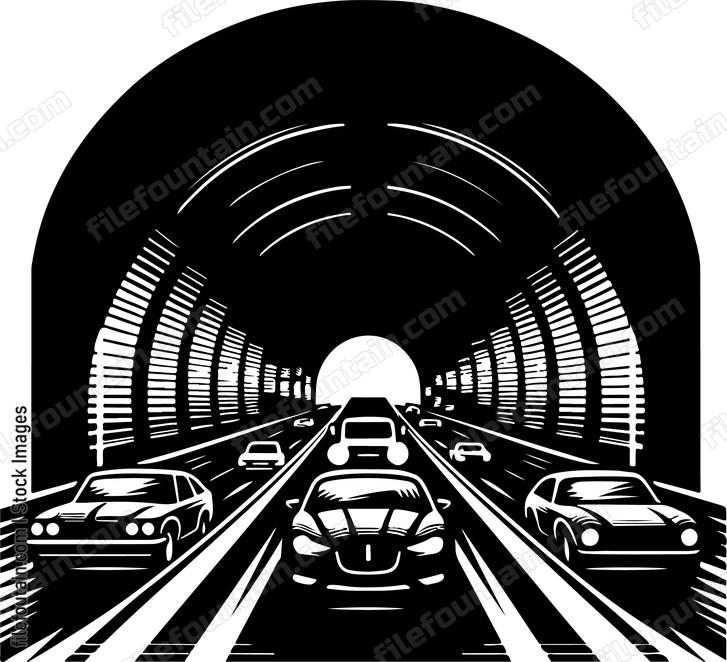 Cars driving through a tunnel with lights reflecting