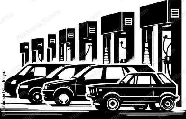 Cars in a lineup at a vehicle emissions testing center