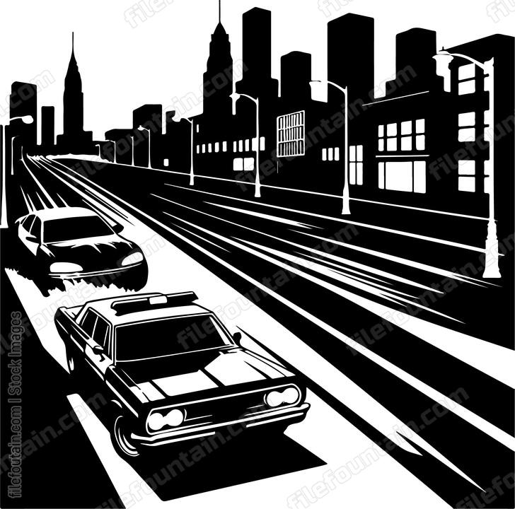 Cars in a police chase through city streets