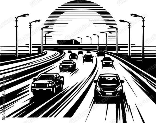 Cars speeding on an open highway at sunset